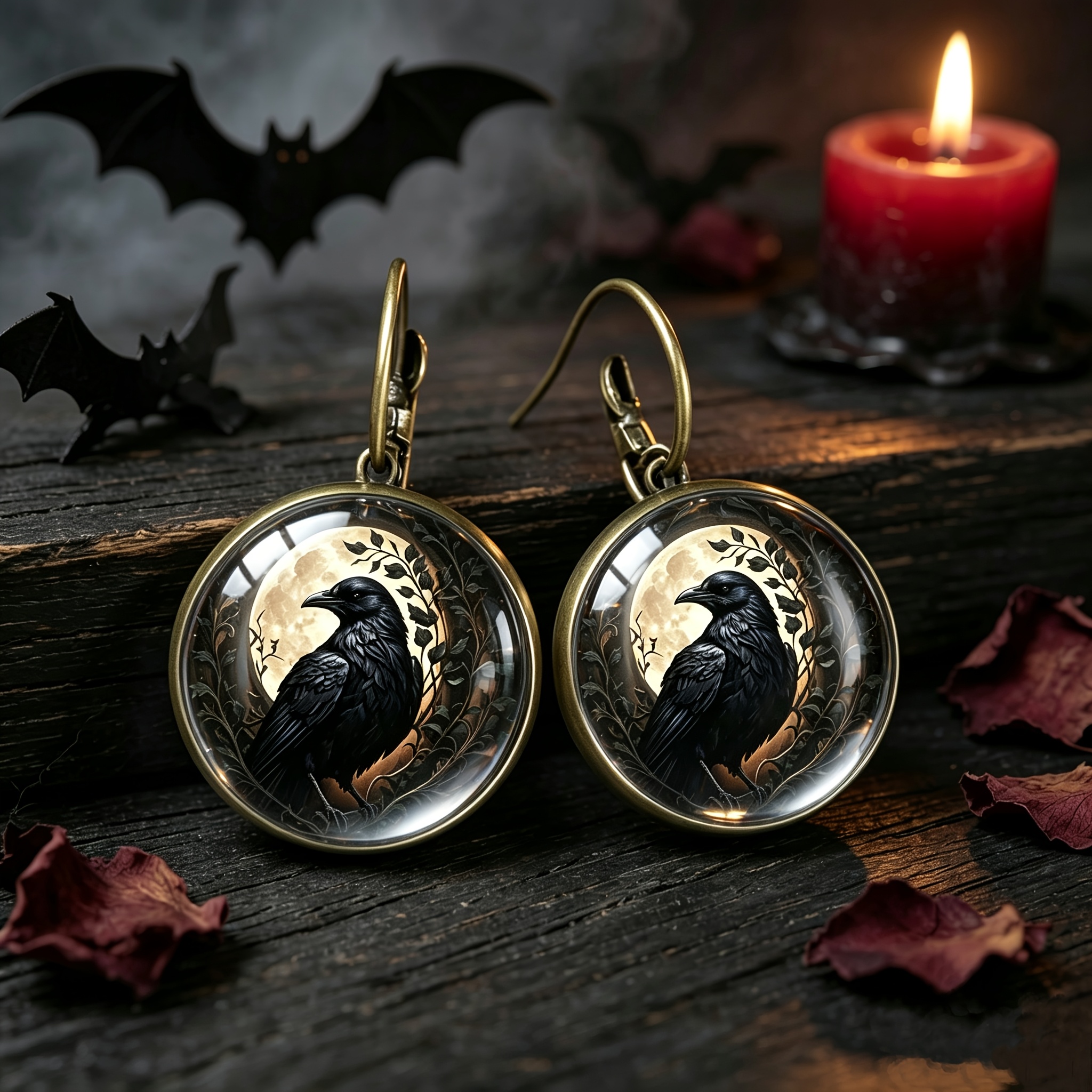 Halloween Full Moon Crow Gothic Drop Earrings, Dark Style